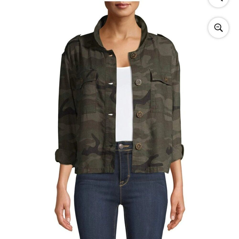 Time and Tru Camo Linen Jacket Cropped Button Light Relaxed 3/4 Sleeves Size XL